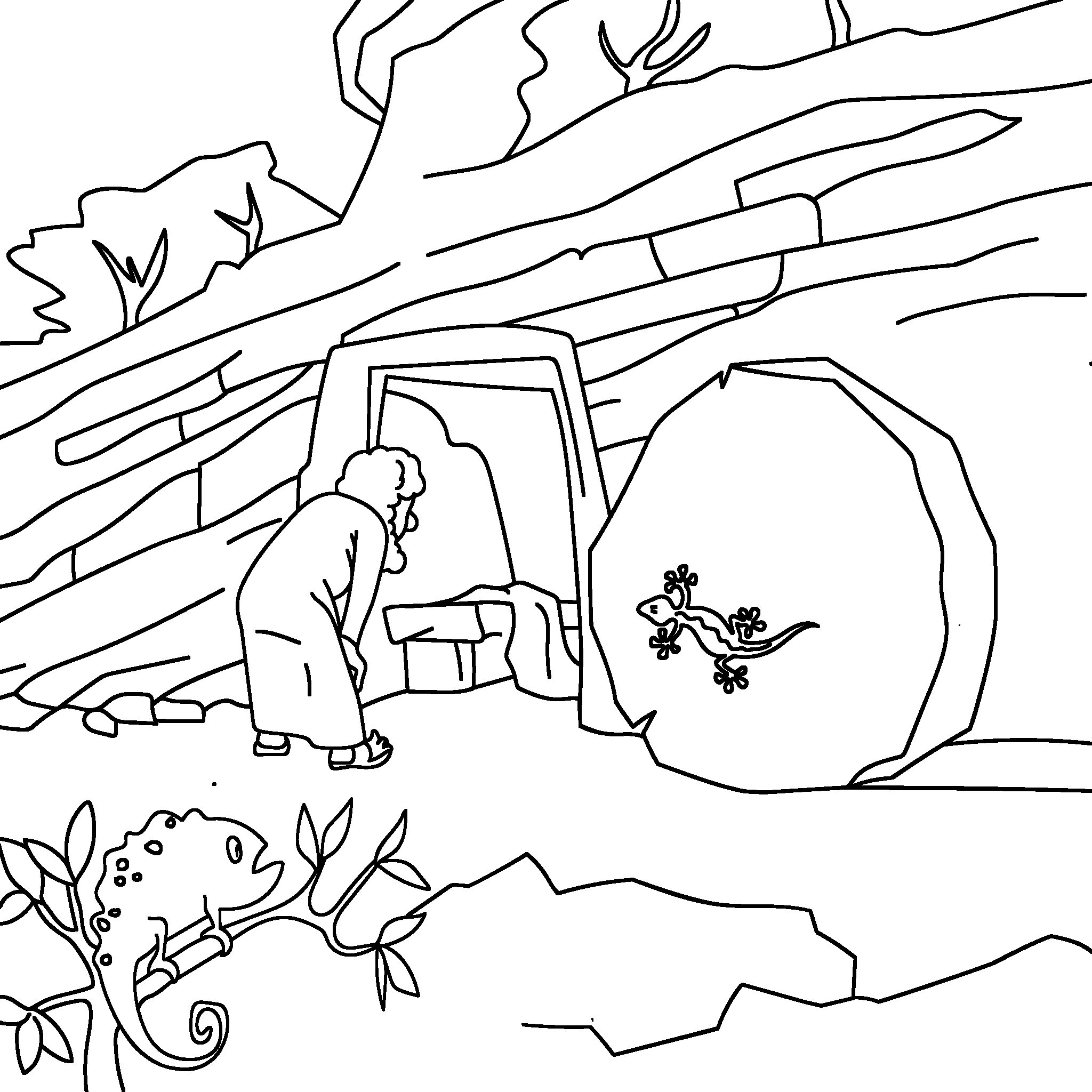 Петро нахиляється, щоб зазирнути в порожній гріб, і бачить там лляні полотна.