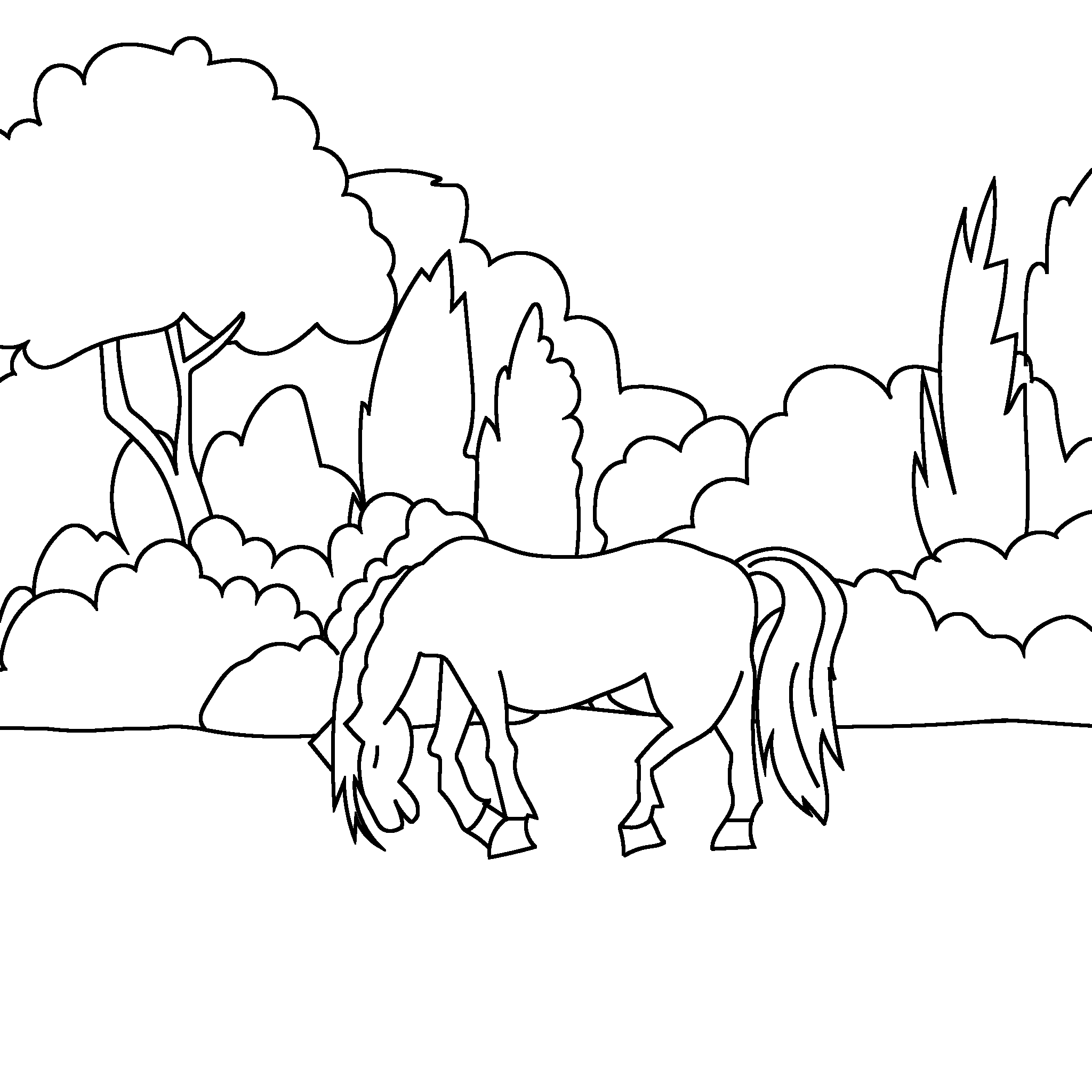 Коричневий кінь пасеться на полі поруч із двома кроликами та їжаком. Навколо — дерева й гори. Бог створив усе прекрасним.