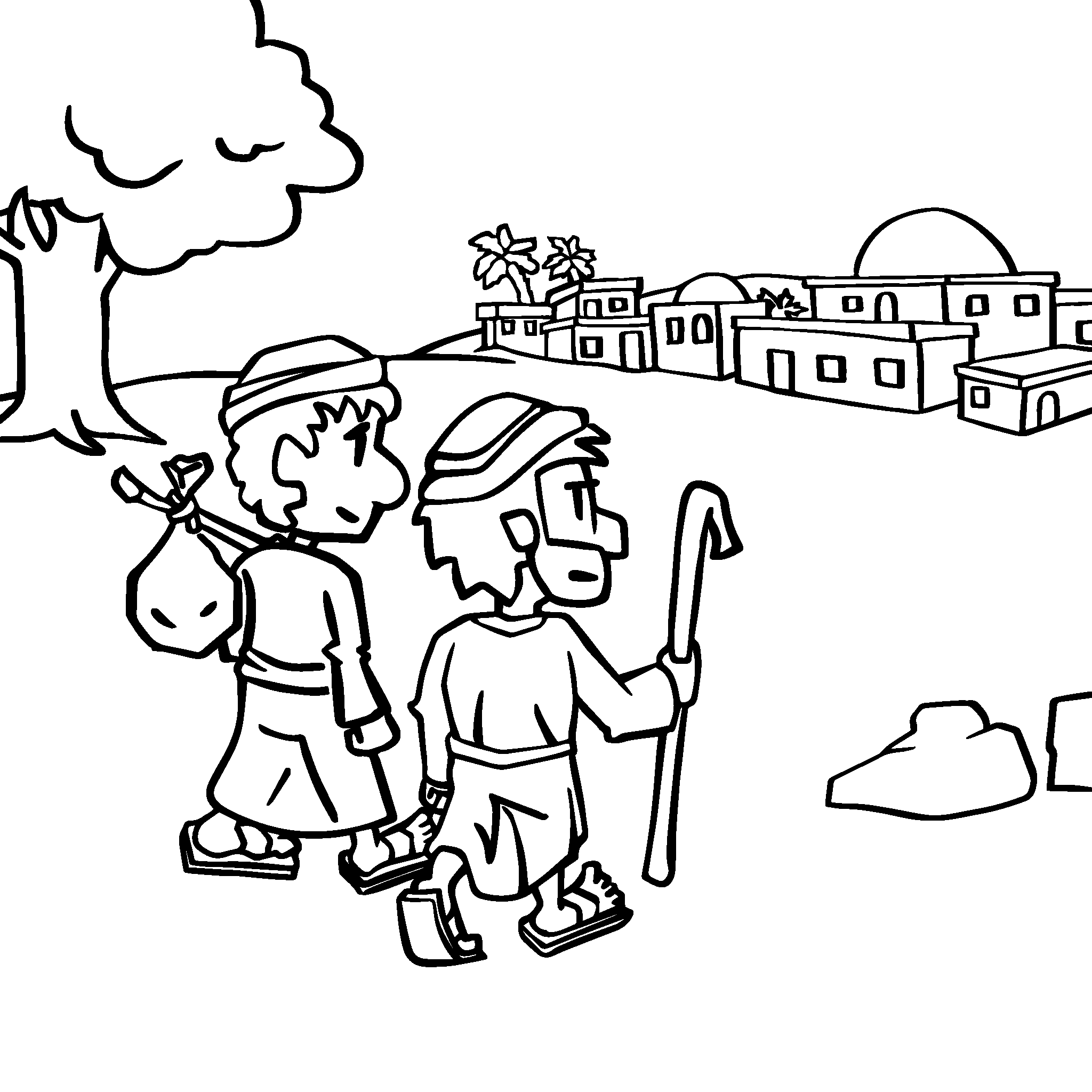 Двоє учнів сумно йдуть дорогою до села Еммаус.